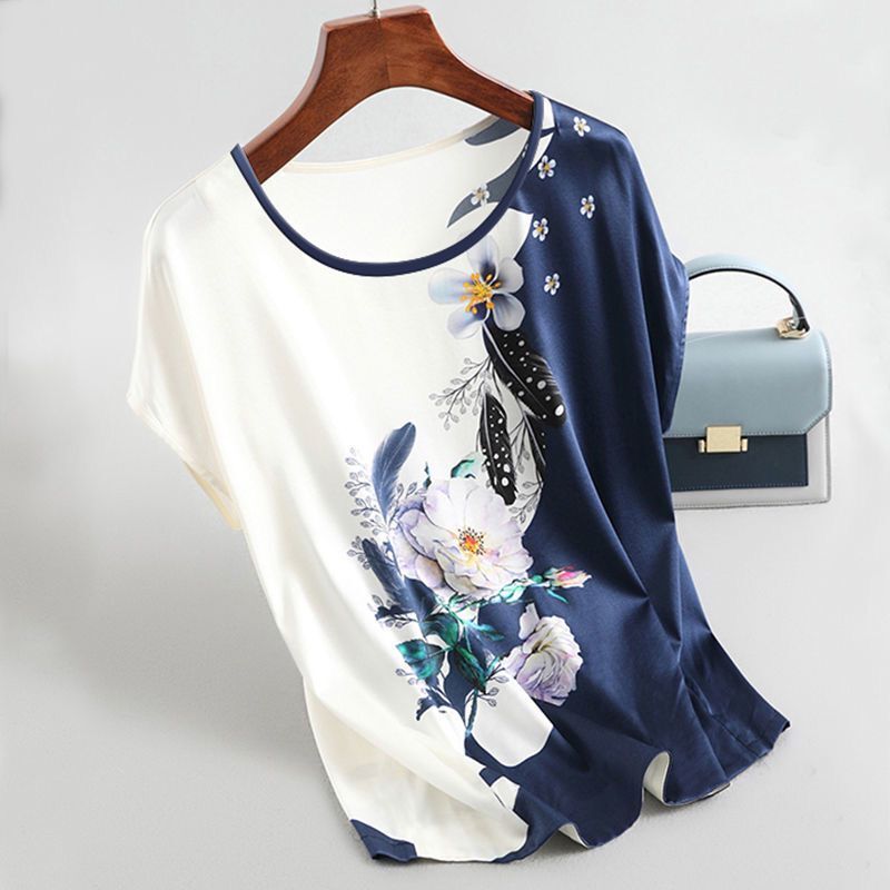 2021 New Women Silk Satin Blouses Plus size Batwing sleeve Vintage Print Floral Blouse Ladies Casual Short sleeve Tops