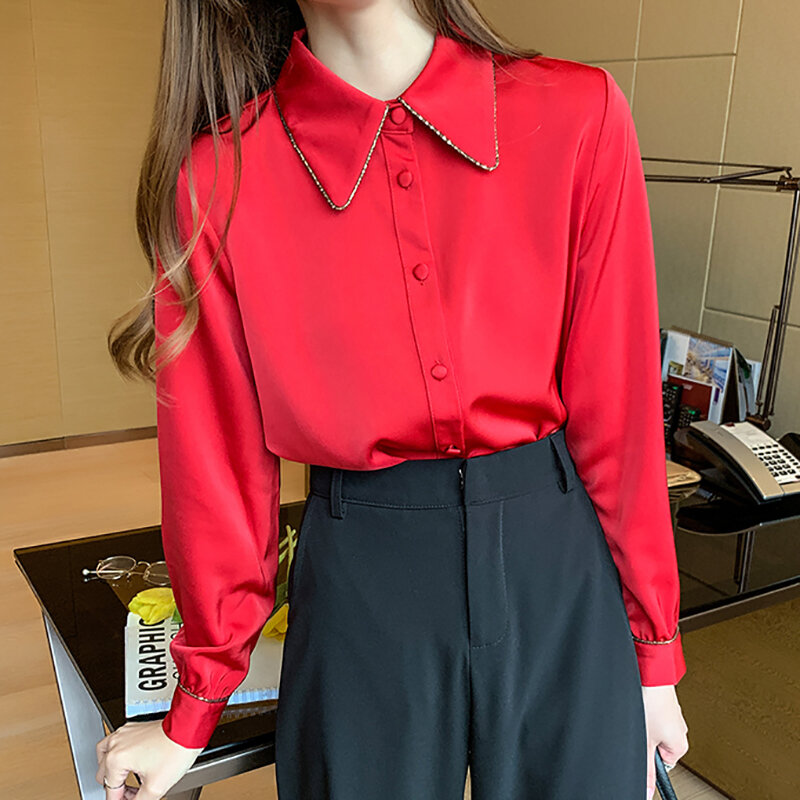 Shintimes – chemise rouge à manches longues pour Femme, Chemisier en mousseline de soie abricot décontracté, bouton, vêtements pour femmes, automne 2020
