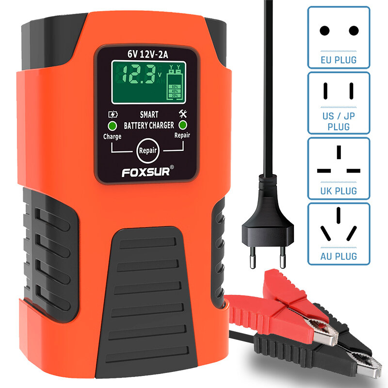 FOXSUR Automatic Battery Charger 6V/12V 2A for Cars Motorcycle Lawn Mower Tractor Jetski Lead-Acid Gel AGM Repair Desulfator