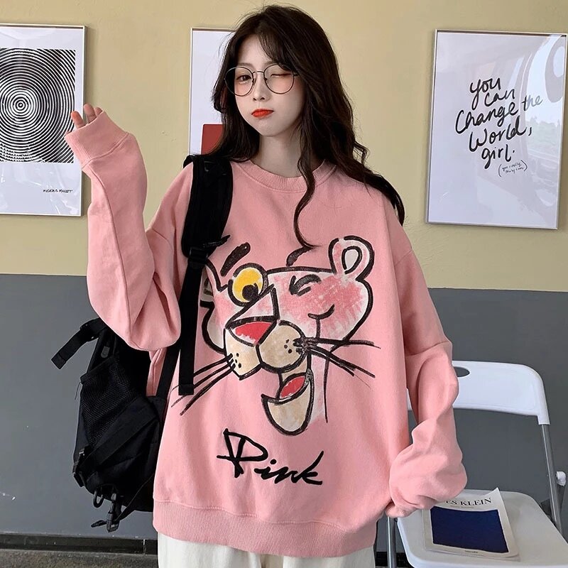 Rosa animal dos desenhos animados hoodie mulher outono 2021 novo solto coreano animal oversized long-sleeved camiseta na moda japonesa ins