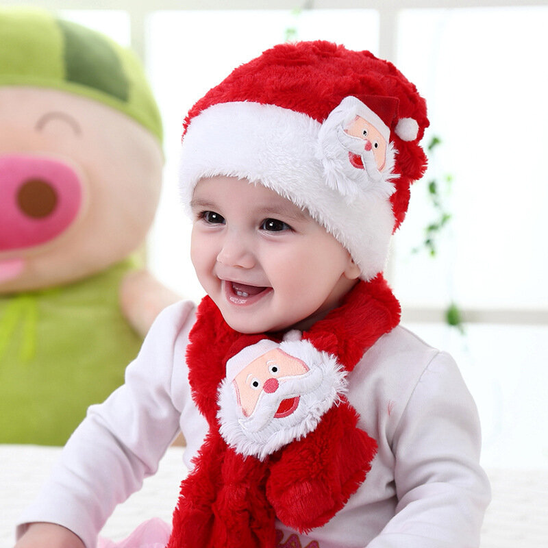 Zimowe dziecięce czapki bożonarodzeniowe dla chłopców i dziewcząt prezenty świąteczne puszyste pluszowe ładny szalik ciepły i miękki dwuczęściowy modny kołnierz