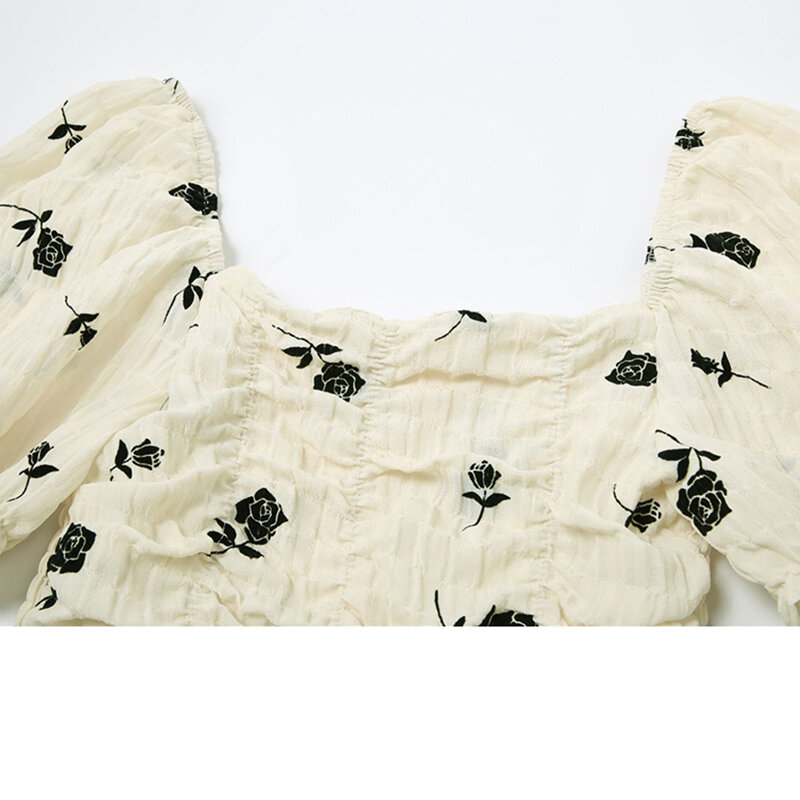 สแควร์ Crop เสื้อผู้หญิง2021สไตล์เกาหลีสไตล์ Retro ดอกไม้พิมพ์ Draped เสื้อแขนสั้นเสื้อฤดูร้อนสุภาพสตร...