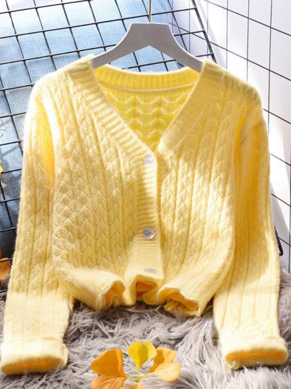Amarelo curto de malha camisola feminina cardigan outono inverno novo 2021 sólido magro todos os jogos feminino outwear topos