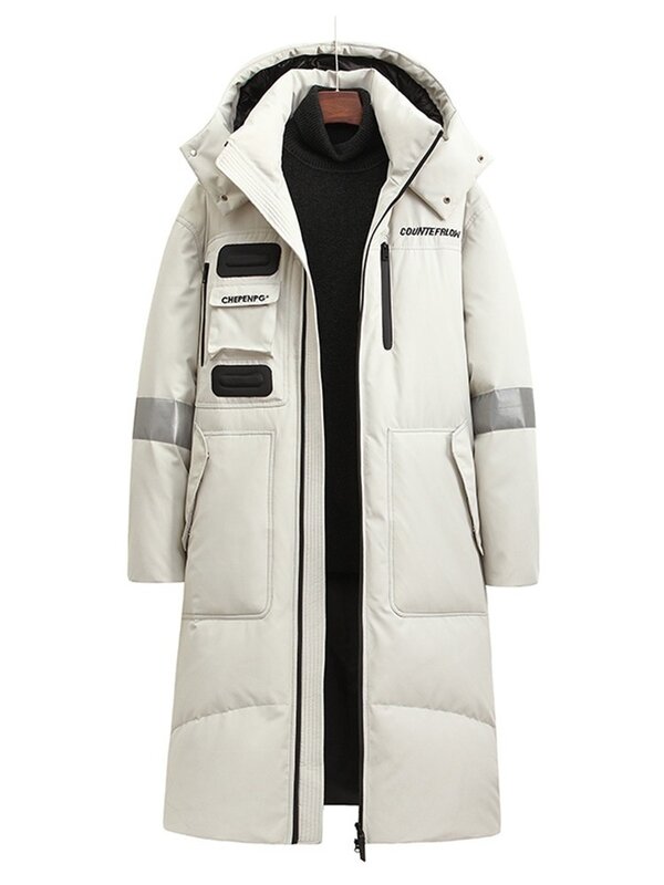 Inverno 90% pato branco para baixo jaqueta masculina com capuz grandes bolsos casal modelos moda solto casaco alongado grosso para baixo jaqueta unisex