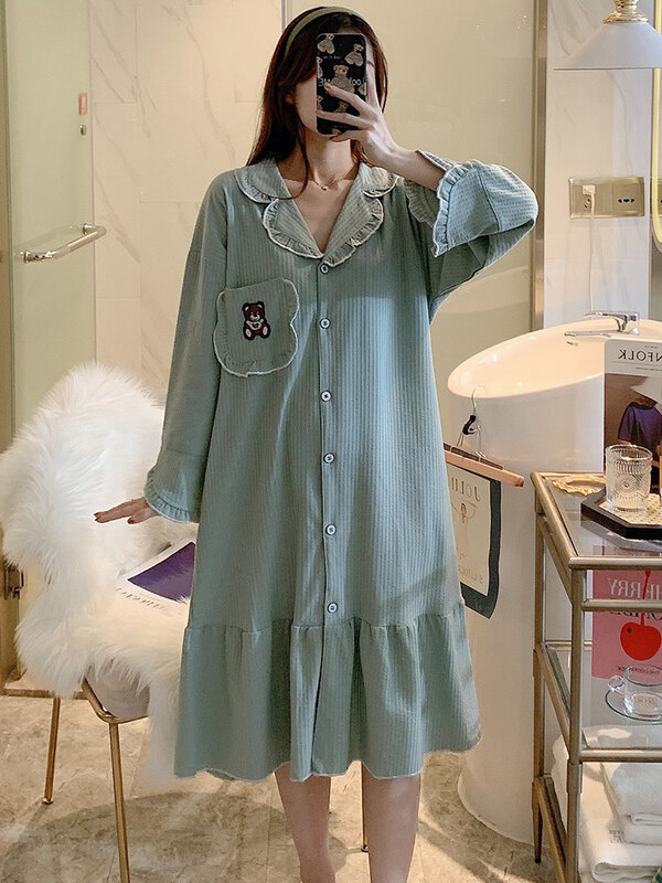 Coreano camisola feminina primavera e outono inverno doce princesa estilo longo sleeved pijamas fino simples casa roupas de verão longo