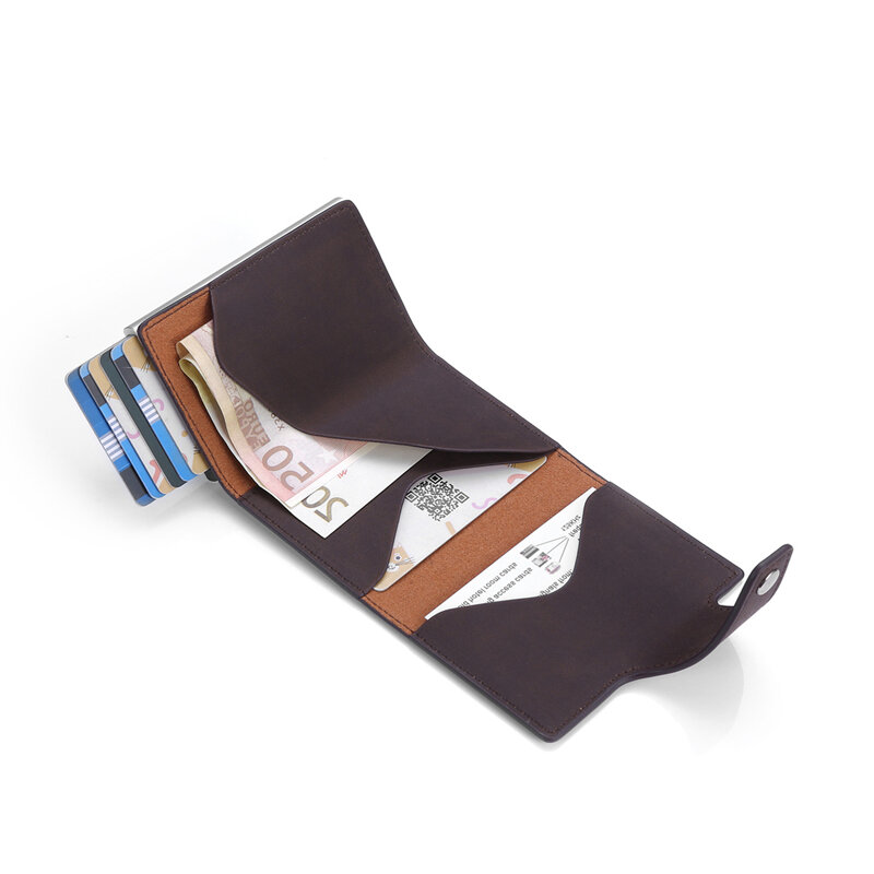 Billetera de cuero genuino con nombre personalizado para hombre y mujer, cartera antirrobo de aluminio con 3 pliegues, tarjetero para negocios