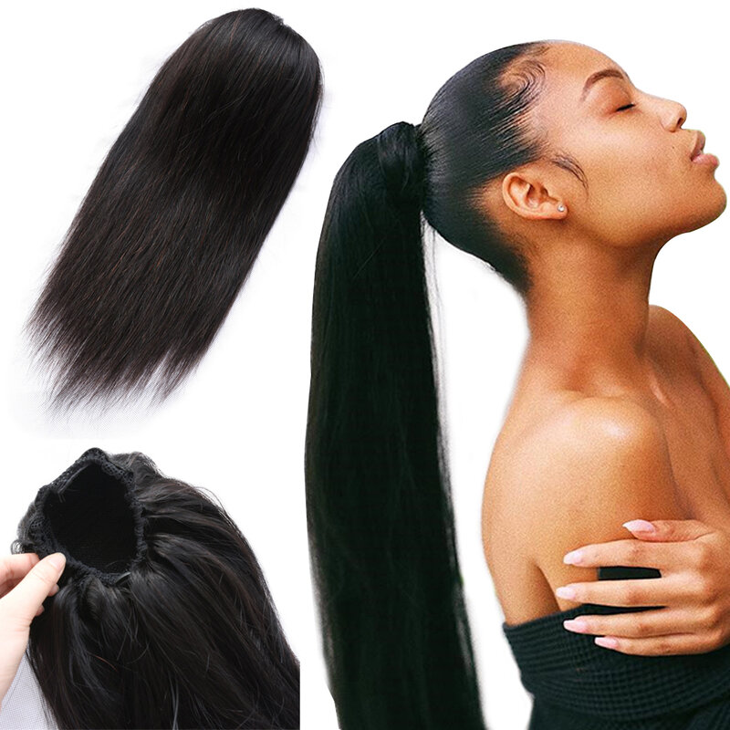 ポニーテール-クリップ付きの人間の髪の毛のエクステンション,ひも付きポニーテール,ストレート,ブラジルの髪,女性用,1個