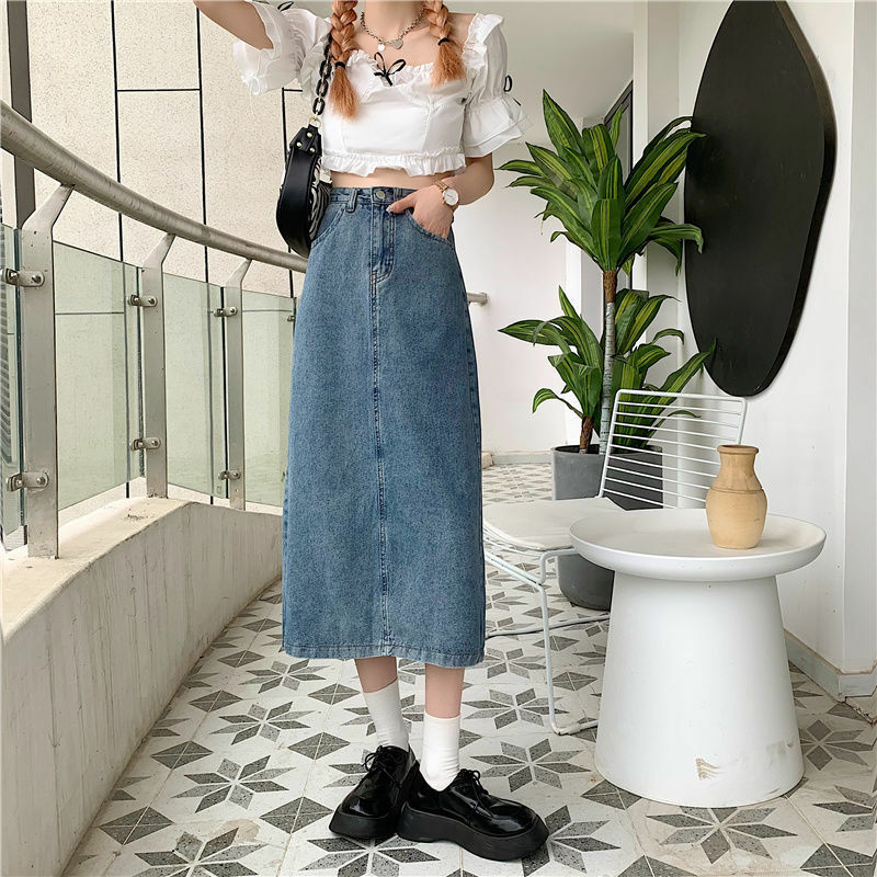 2021 New Mid Long Denim Skirt in Spring and Autumn Women's Slim Large High Waist A-shaped Wrap Hip Skirt