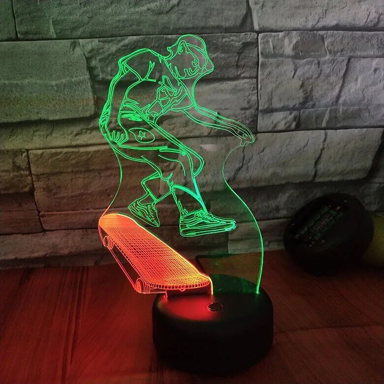 스케이트 보드 3D LED 아크릴 나이트 라이트 오피스 바 침실 장식 7 색 변경 환상 테이블 책상 램프 어린이 선물