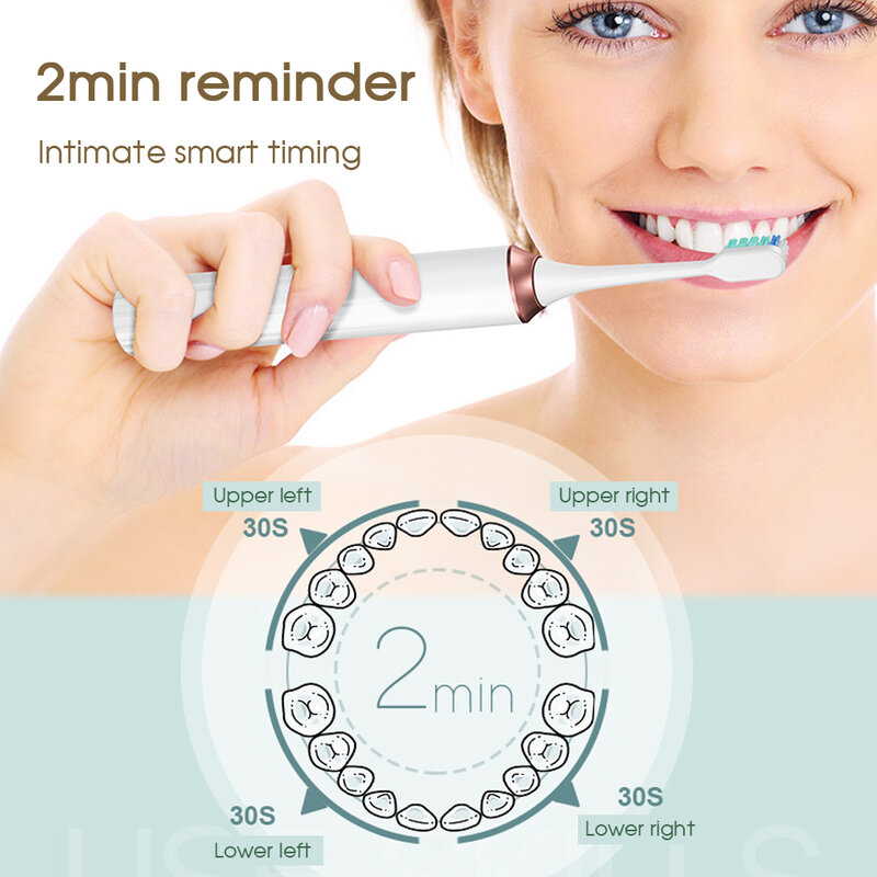Boi de alta frequência 5 modos usb recarregável inteligente temporizador dentes branqueamento portátil sonic escova de dentes elétrica ipx7 lavável