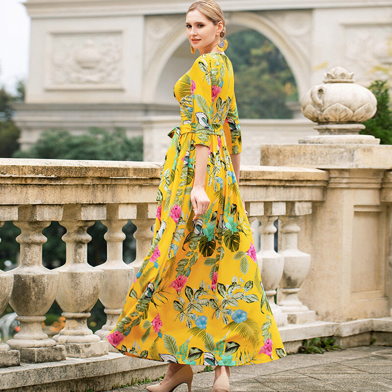 Plus größe Lange Kleid 2021 Frühling Sommer Böhmischen Frauen V-ausschnitt Charming Floral Print Belted Lange Hülse Beiläufige Lange Gelb Kleid