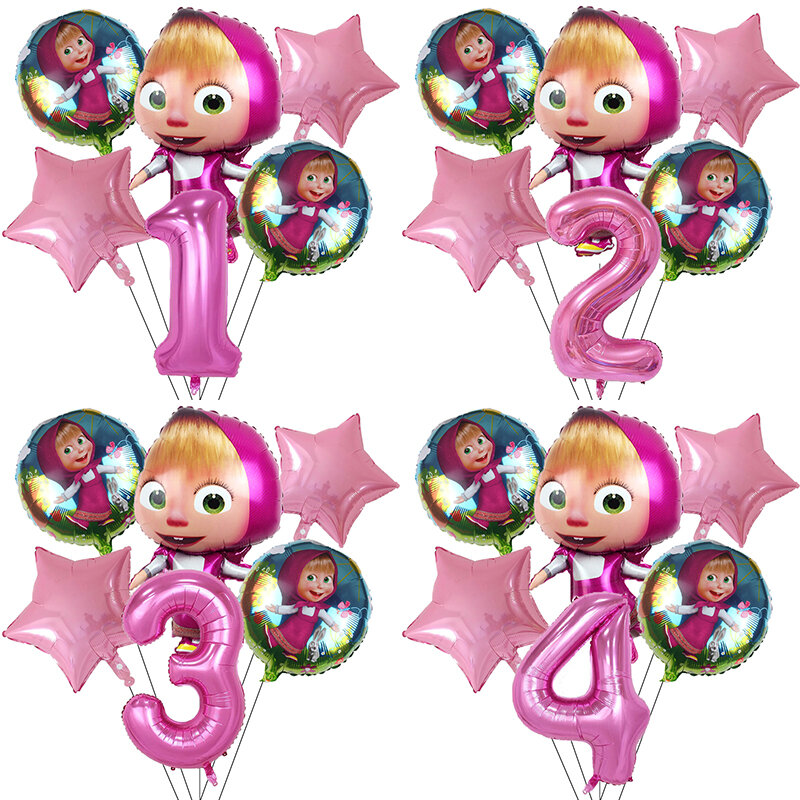 6pcs Girl Bear Theme Cartoon 32 inch Pink Number Foil Balloons Birthday Party Decorations Supplies Helium Balloons Supply