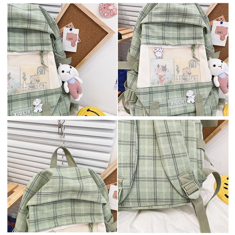 Plaid School Bags for Teenage Girls Cute Backpack Women Canvas Large Capacity Student Schoolbag Fashion 2021
