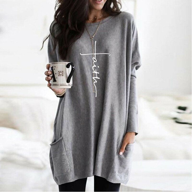 Blouse Women Long Sleeve Faith Print Shirts Casual Religious Graphic Pullover Sweatshirt Loose Long Tops Blouses Plus Size