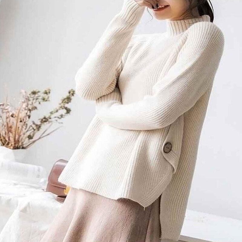 Suéteres y jerseys para mujer, moda coreana, Irregular suelto de Cuello medio alto, holgado, combina con todo, sólido, grueso, novedad de 2021