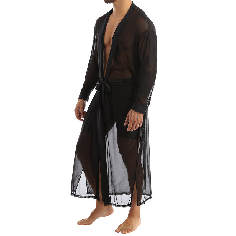 Men Open Front Mesh Transparent Long Shirt Casual Cloak Top with Long Sleeve