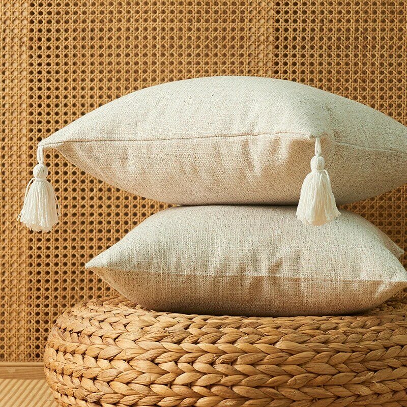 Fundas de almohada de lino de Color sólido, 45x45cm, decoración del hogar con borlas