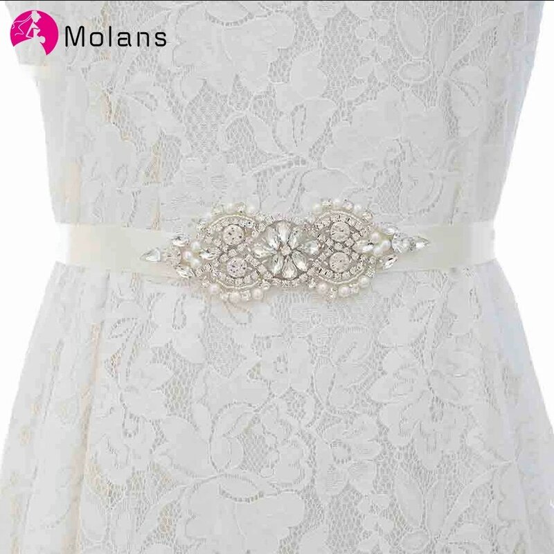 MOLANS Boutique Rhinestone Pearl Beading Waistbands for Bridal Wedding Dress Crystal Belt Bow With Satin Ribbons Sash Girdle