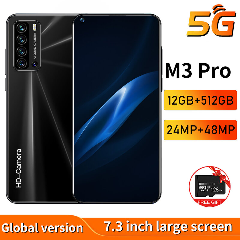 الأصلي 5G الهاتف الذكي M3 برو 7.3 بوصة إفتح النسخة العالمية 12GB + 512GB Celulares الذكية الهواتف 24MP + 48MP الروبوت 4G الهاتف المحمول
