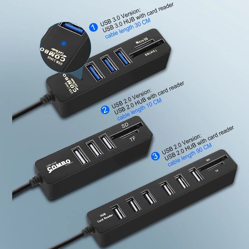 Mini Hub USB 3,0 Universal de alta velocidad, divisor de 3 puertos con lector de tarjetas SD TF, adaptador 2,0 Hab de 6 puertos para accesorios de PC