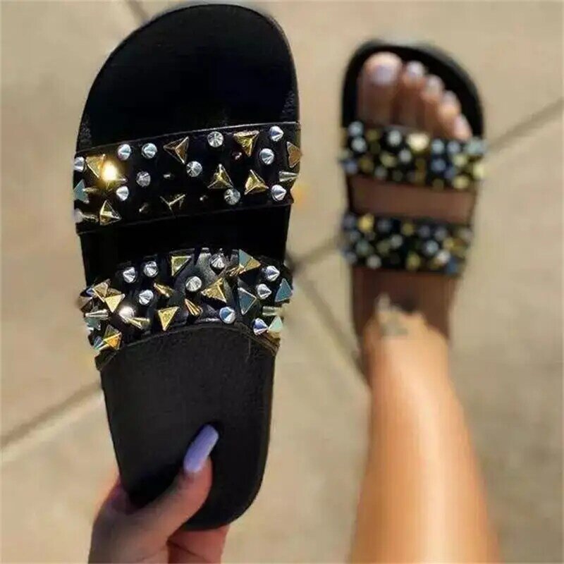 2121 새로운 여성 신발 여름 패션 캐주얼 Pu 순수 컬러 반짝이 라인 석 장식 간단한 오픈 발가락 여름 슬리퍼 5KE067