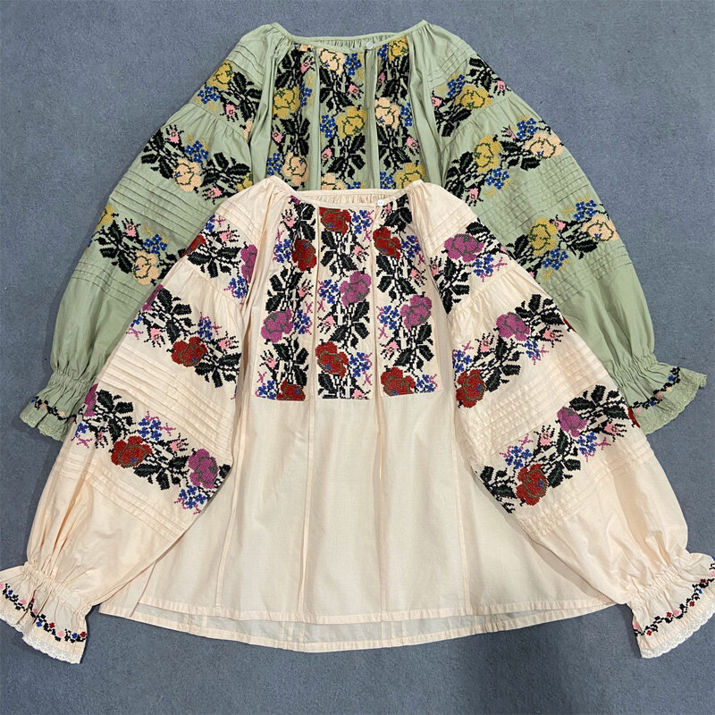 Johnature giapponese nuovo ricamo floreale camicie da donna 2023 autunno Vintage cotone allentato o-collo tutte le camicette abbinate