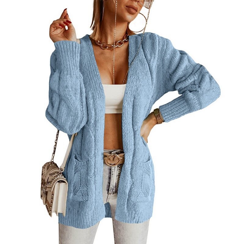 Plus size feminino 2021 outono camisola cor sólida manga comprida bolso cardigan midi fino casaco de malha solta camisola de malha outwear