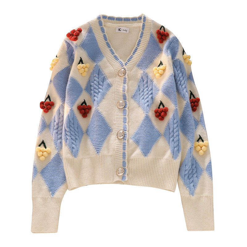 Nữ Dệt Kim Cardigan Vintage Áo Len Phối Cổ V Argyle Đáng Yêu Hoa Quả Táo Nón Kết Nam Nữ Mới Cho Nữ Mùa Đông Thường Dạo Phố