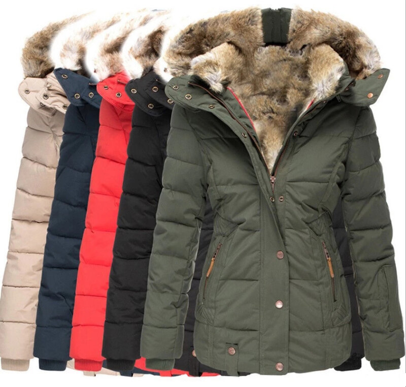 Europäischen und Amerikanischen winter warme beiläufige damen pelz kragen einreiher zipper Strickjacke Langarm Baumwolle Mit Kapuze Jacke