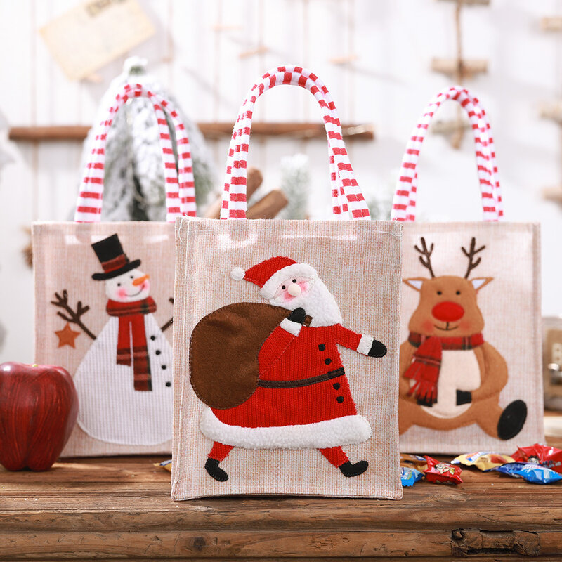 Dekorasi Natal Linen Tas Tote Bordir Tiga Dimensi Tas Hadiah Anak-anak Tas Penyimpanan Tas Permen