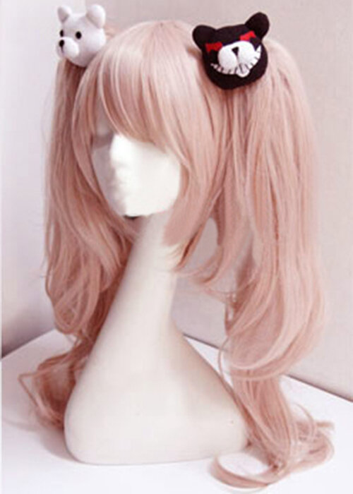 Dangan Ronpa Danganronpa Enoshima Junko peruka do Cosplay różowe długie faliste z przypinany kucyk żaroodporna peruka do Cosplay + niedźwiedź spinki do włosów