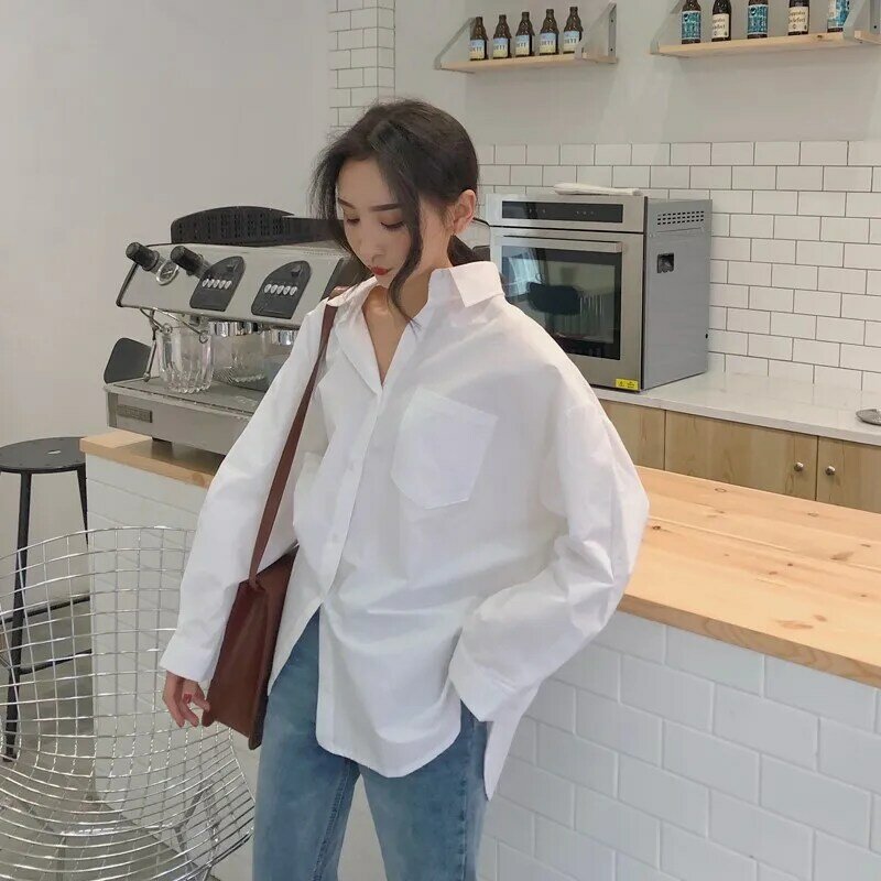 Frauen Weiß Shirts Rosa Plain JIKA 2021 Herbst Lose Übergroßen Blusen Weibliche Tops Outfit Koreanische Stil Blusas Taschen Casual
