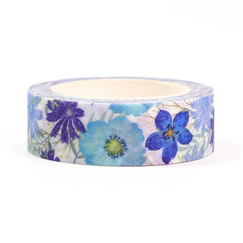 Cinta Washi decorativa de flores azules, suministro de oficina, adhesivo Kawaii, papelería, 1 unidad, 15MM x 10m