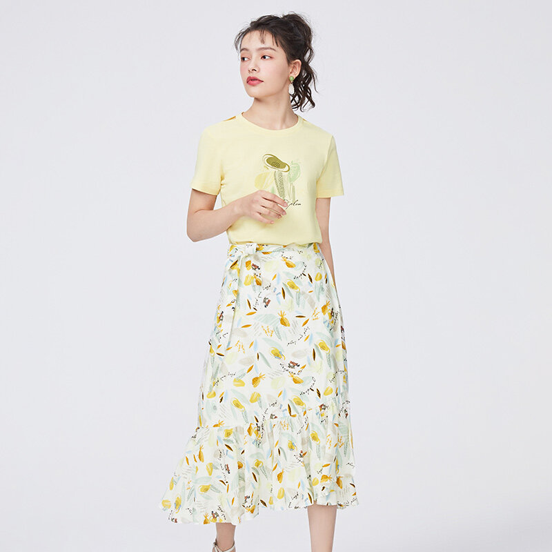 SEMIR Set Women Hollow Hole Cotton Short Sleeve T-Shirt Romantic Printing Bow Skirt Clothes Set 2021 Summer New Style