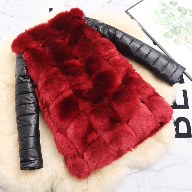 Fashion Ladies PU Leather Parkas Women Long Sleeve PU Leather Jacket Coat Plus Sizes Warm Furry Winter Overcoat With Pockets