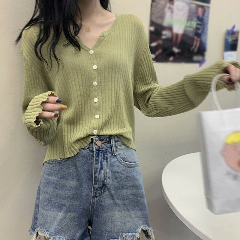 Summer Women Clothes 2020 Korean Women's Solid V-Neck Casual Single Breasted Button Up Knitted Sunscreen Long-Sleeved Cardigan