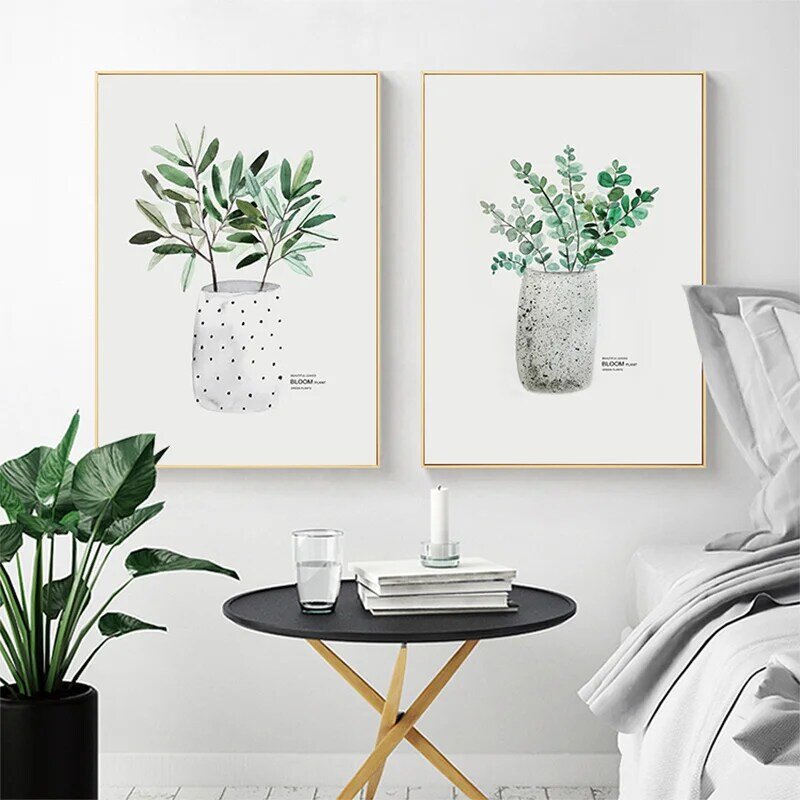 AAHH 캔버스 회화 벽 아트 포스터 녹색 식물과 꽃 벽화 벽 그림 거실 장식 없음 프레임