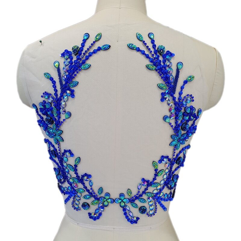 Robe bleue sur mesure, 31x34cm, Haut à la main, couture sur strass, paillettes, perles, patchs de conception, Appliques pour Costumes de mariage