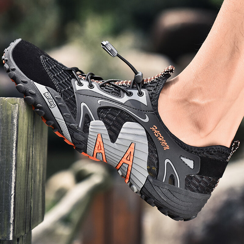 Sapatos de caminhada de couro explosivo grande tamanho rio ao ar livre upstream sapatos de malha masculina respirável sapatos de caminhada 38-49