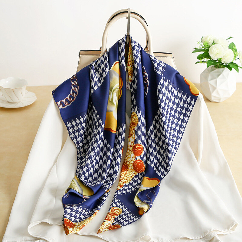 2021 Summer Luxury Brand Fashion Kerchief Silk Satin Neck Scarf For Women Print Hijab Scarfs Female 90*90cm Square Shawls and Wr