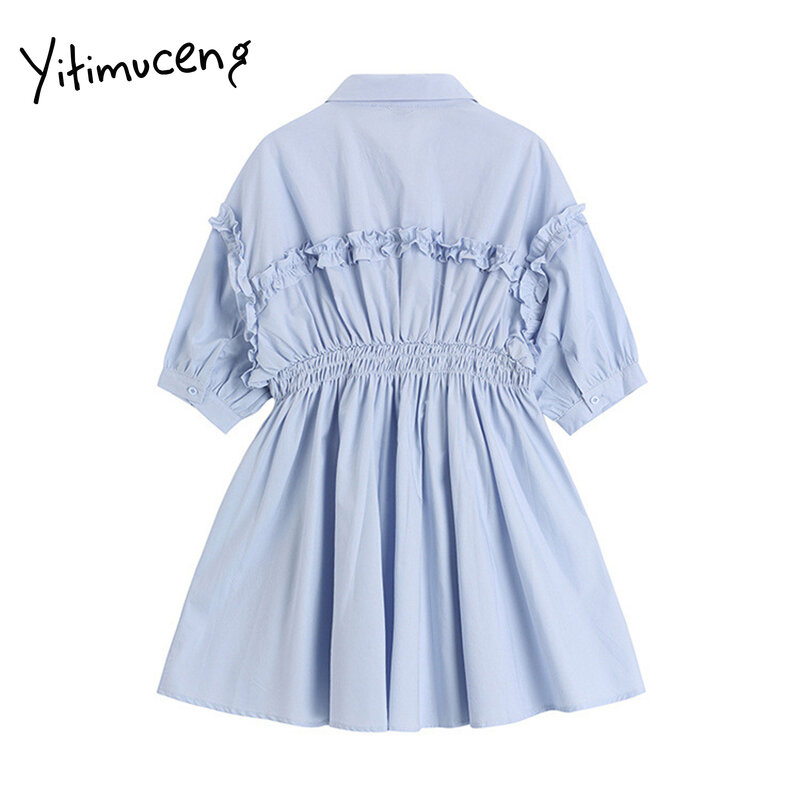 Платье Yitimuceng с рюшами, женское летнее платье на пуговицах, с пышными рукавами, с высокой талией, одноцветное милое платье, 2021, корейский стил...