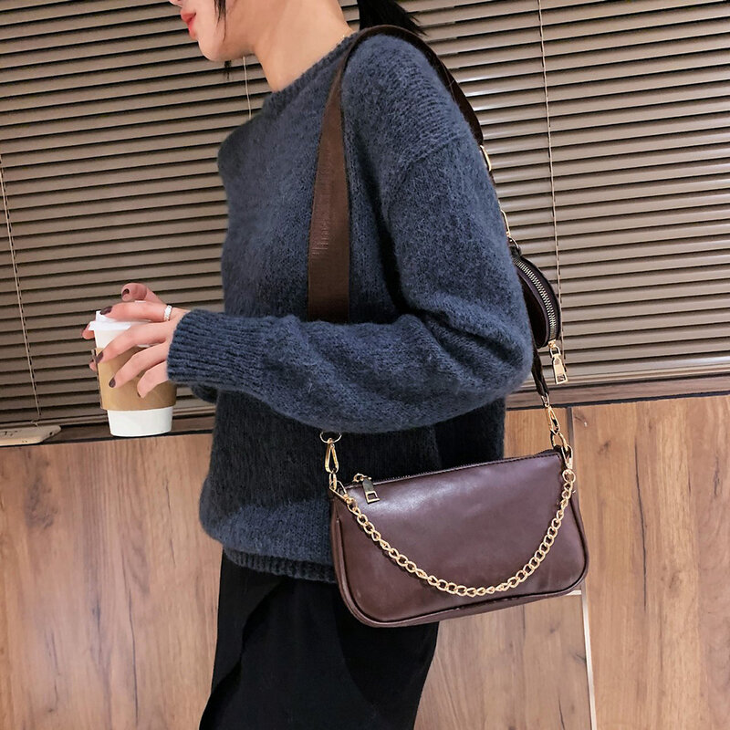 2 pz/set popolare semplice femminile quotidiano borsa moda catena borsa a tracolla donne solido PU borsa donne Messenger Bag