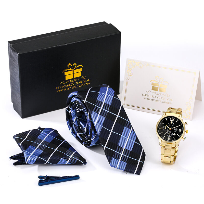 4PCS Fashion Business Men's Watches Tie Square Scarf Set Quartz Watch Exquisite Alloy Strap Calendar Wristwatch Gifts for Men