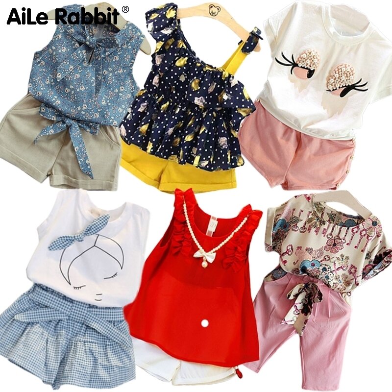 R & Z-blusa blanca Floral para niños pequeños, faldas florales de manga corta, 2 piezas, ropa para niñas de 2 a 7 años, 2019