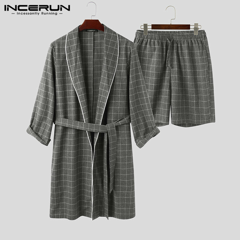 Moda xadrez conjuntos de roupões de banho de lapela manga longa conjuntos de camisas de noite de lazer macio masculino roupas incerun