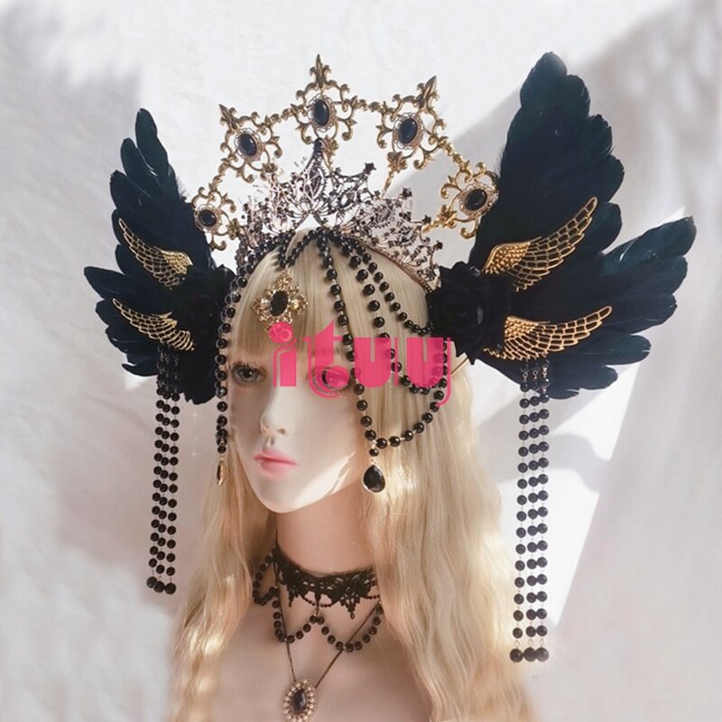 Lolita – chaîne avec ailes d'ange noir, pendentif en perle, coiffure gothique à pointes, couronne dorée Sunburst, accessoire à la mode