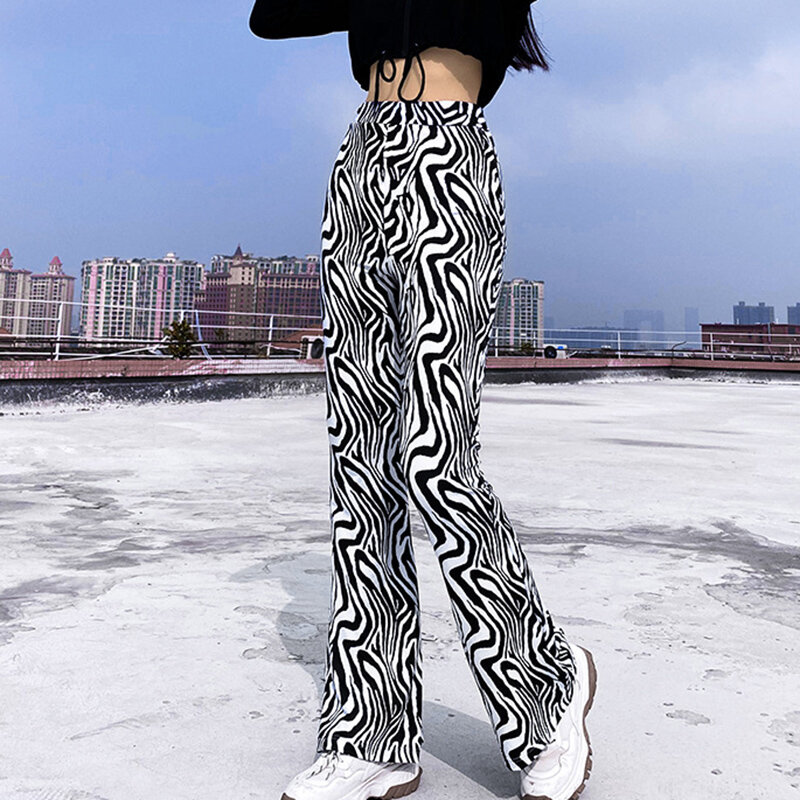 Calças femininas de cintura alta em linha reta com zebra-stripe esfregando solto calças largas de perna listrada estampado calças nyz shop