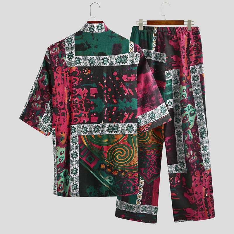 ชายครึ่งแขน V คอพิมพ์ลูกไม้ขึ้น Tops กางเกงผ้าฝ้ายชุดนอนชุดนอน Kimono Yukata ชุดชุดนอนชายชุด INCERUN 5XL 7
