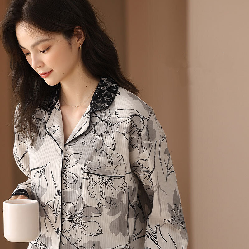 Pijamas femininos conjunto de duas peças senhoras lapela manga longa impresso sleepwear elegante rendas guarnição casa terno primavera e outono homewear