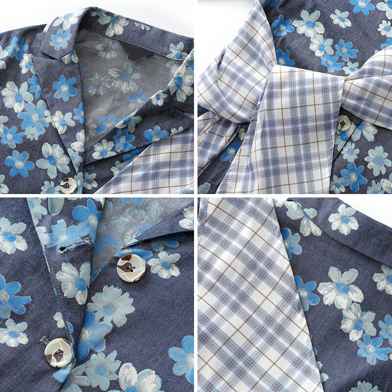 QOERLIN-Blusa con estampado azul para mujer, camisa Floral con lazo, Retro, francés, con botones, para otoño